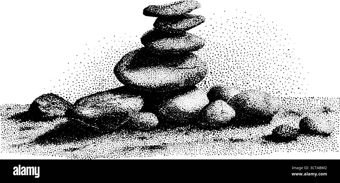Detaillierte Dotwork-Illustration von strukturiertem Boden und Steinen, die Gleichgewicht und Natur darstellen. Stock Vektor