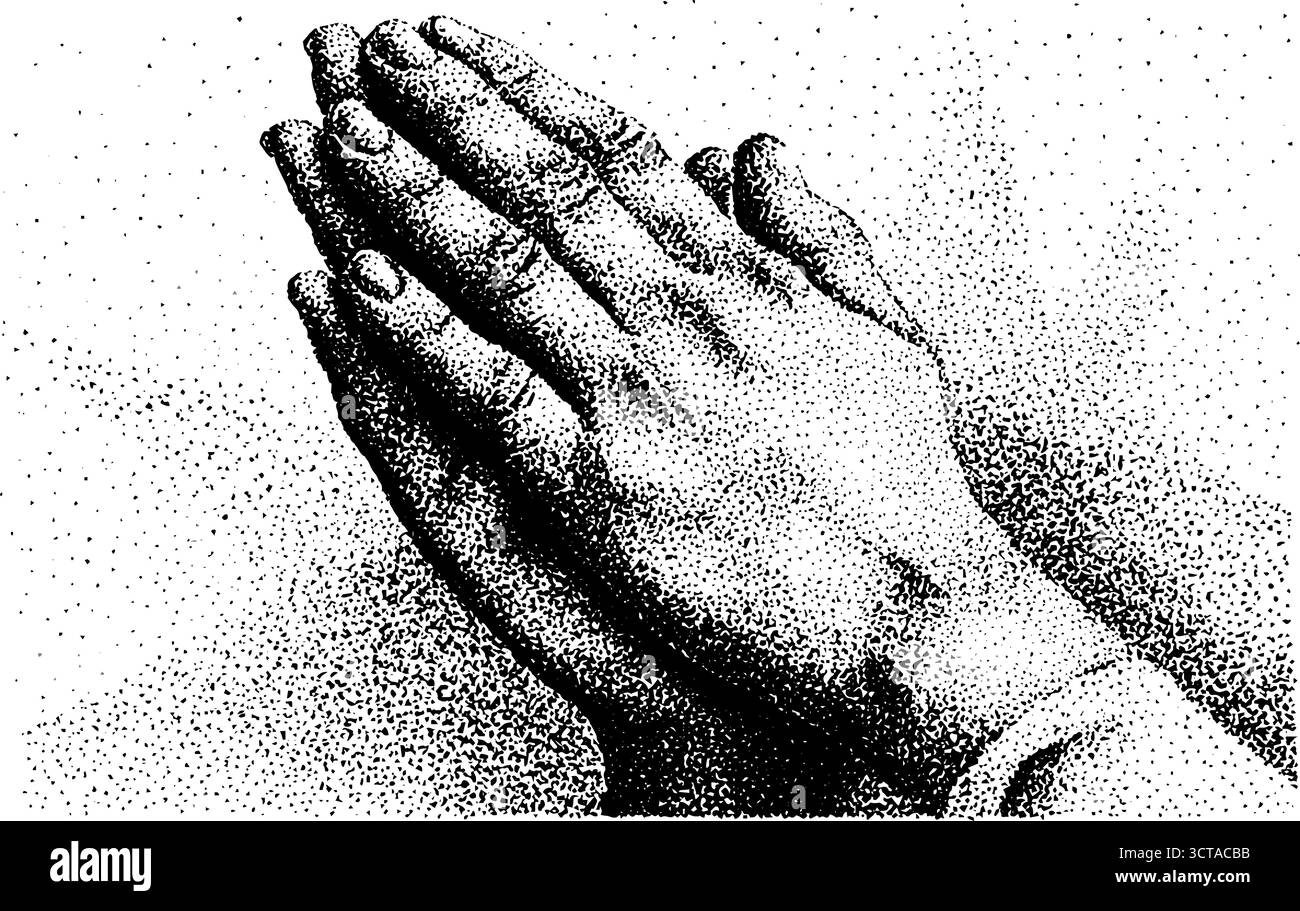 Kompliziertes Stippelkunstwerk betender Hände mit Dotwork-Technik für spirituelles Design. Stock Vektor