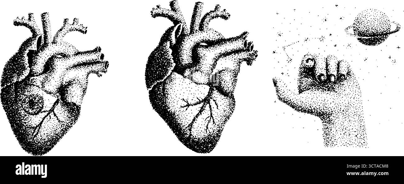 Anatomisches Herz und kosmische Hand Dotwork Stipple Illustration für Kunst und Design. Stock Vektor