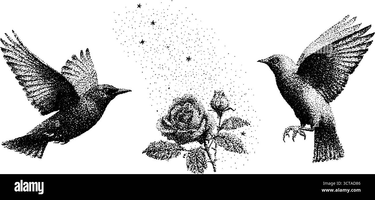 Vintage Stipple Dotwork Illustration von Vogelsilhouetten und Rose für künstlerisches Design. Stock Vektor