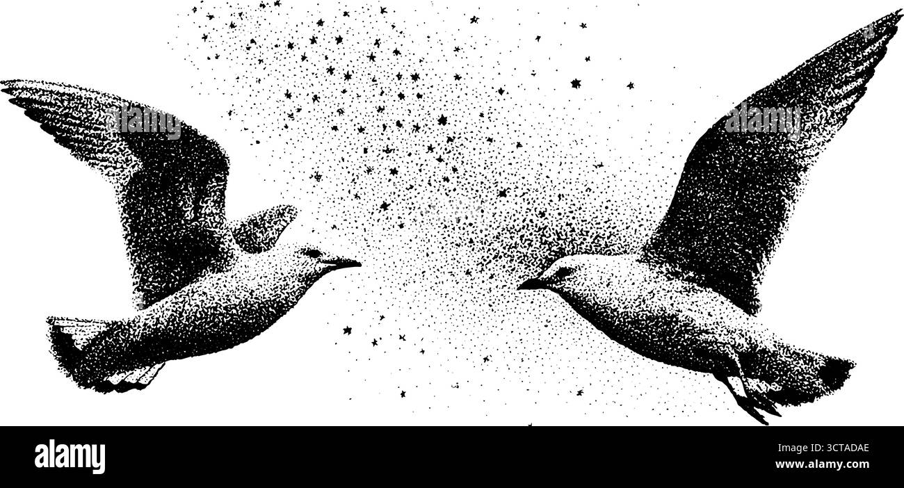 Komplizierte, stippelnde Vogelsilhouetten mit Abstufungseffekt für künstlerisches Design. Stock Vektor