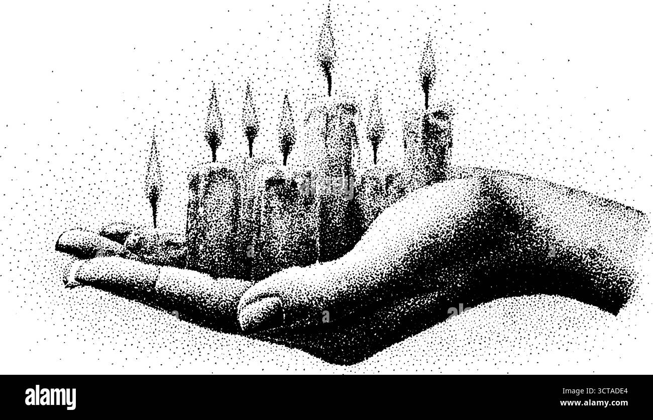 Vintage Dotwork Stipple Illustration von Kerzen mit Flammen zur Hand für Design und Dekoration. Stock Vektor