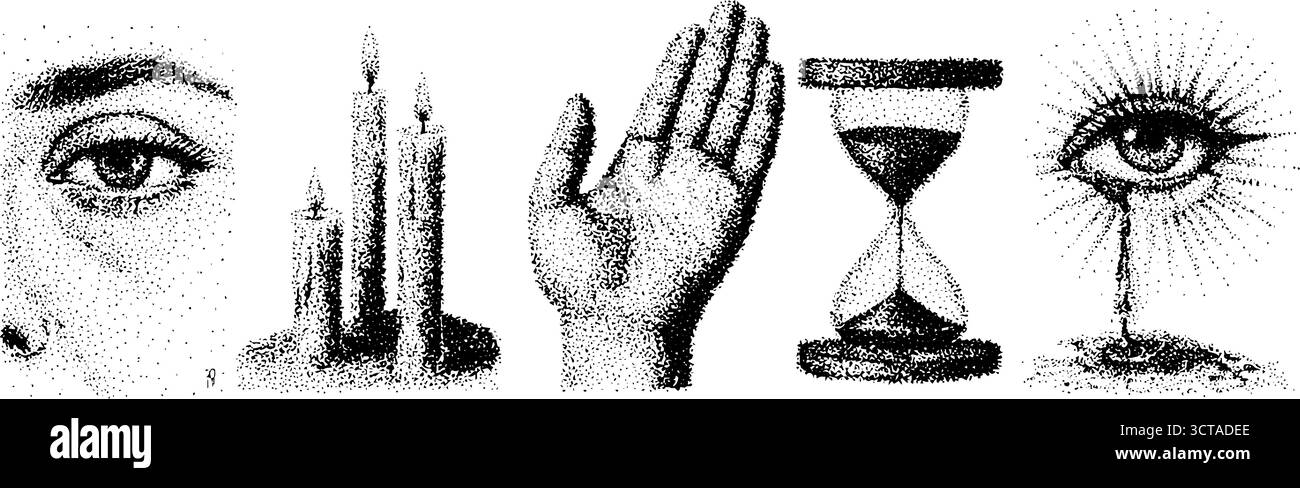 Vintage Dotwork Illustrationsset: Kerzen, Auge, Hand, Sanduhr für Design. Stock Vektor