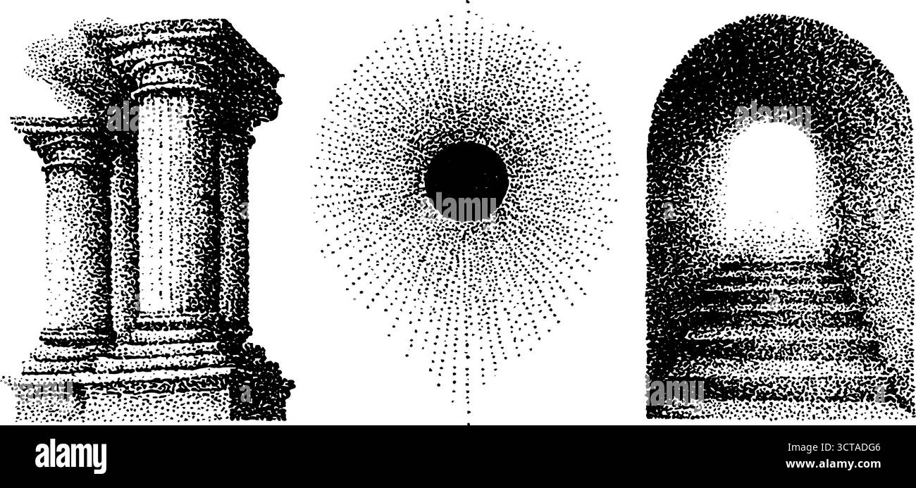 Komplizierte Dotwork- und Stippelkunst mit kreisförmigen Strahlen und architektonischen Elementen. Stock Vektor