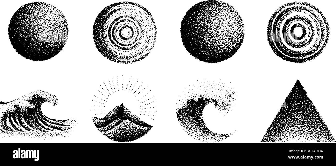 Detaillierter konzentrischer Kreis und Natur-Dotwork-Stipple-Illustrationsset für künstlerisches Design. Stock Vektor