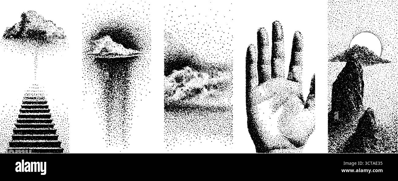 Surreale Landschaft und Architektur mit detaillierten Stipple- und Dotwork-Kunst. Stock Vektor