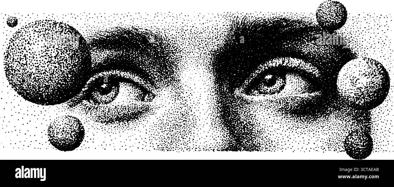 Detaillierte Punktstippelillustration von Augen mit abstrakten Kugeln für künstlerische Gestaltung. Stock Vektor