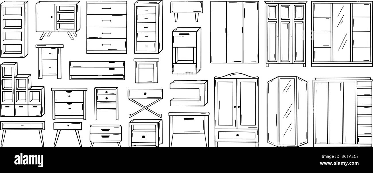Kommode mit Kritzeleien. Handgezeichnete Tische, Regal, Kommode, Nachttisch. Umrissmöbel für Wohn- und Schlafzimmer, Kleiderschrank, neoterische Vektor Stock Vektor