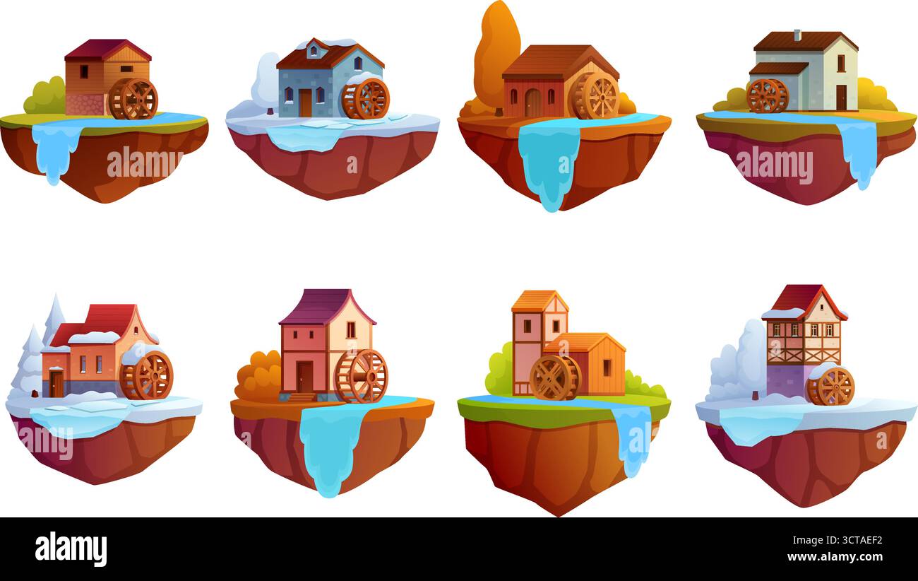 Wassermühlen. Schwimmende Inseln mit einer alten Wassermühle und Wasserfällen zu verschiedenen Jahreszeiten. Cartoon Holzsteine Häuser, sapid Vektor Set o Stock Vektor