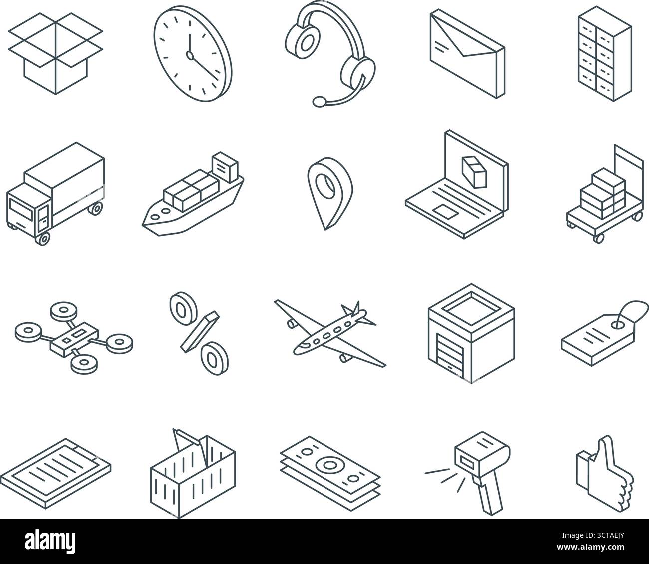Symbole für isometrische Bestrahlung. Lieferung von Waren, Paketen und Einkäufen. Transportlogistik, Online-Handel, Marketing. Umreißen Sie raffinierte Vektorelemente ori Stock Vektor