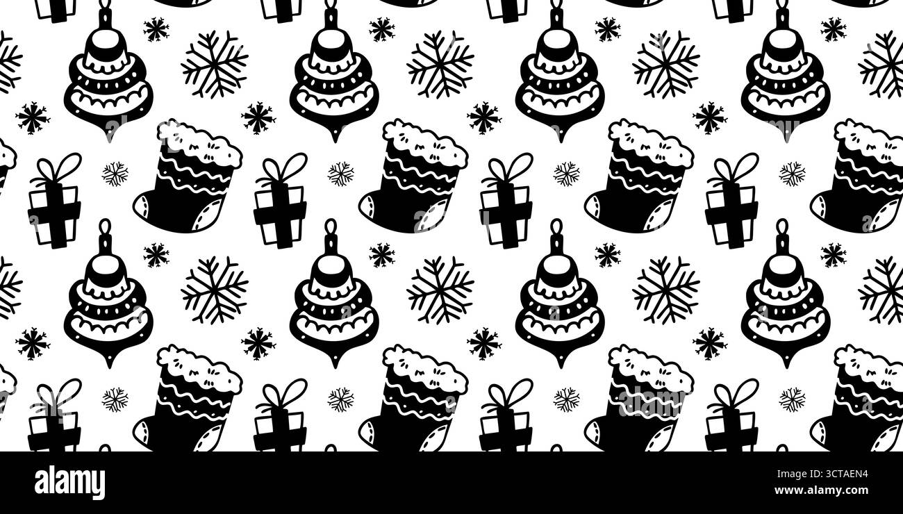 Nahtloses Muster mit Weihnachtsstrümpfen und -Ornamenten. Hand gezeichnet Doodle Linie Kunst Vektor Hintergrund. Stock Vektor