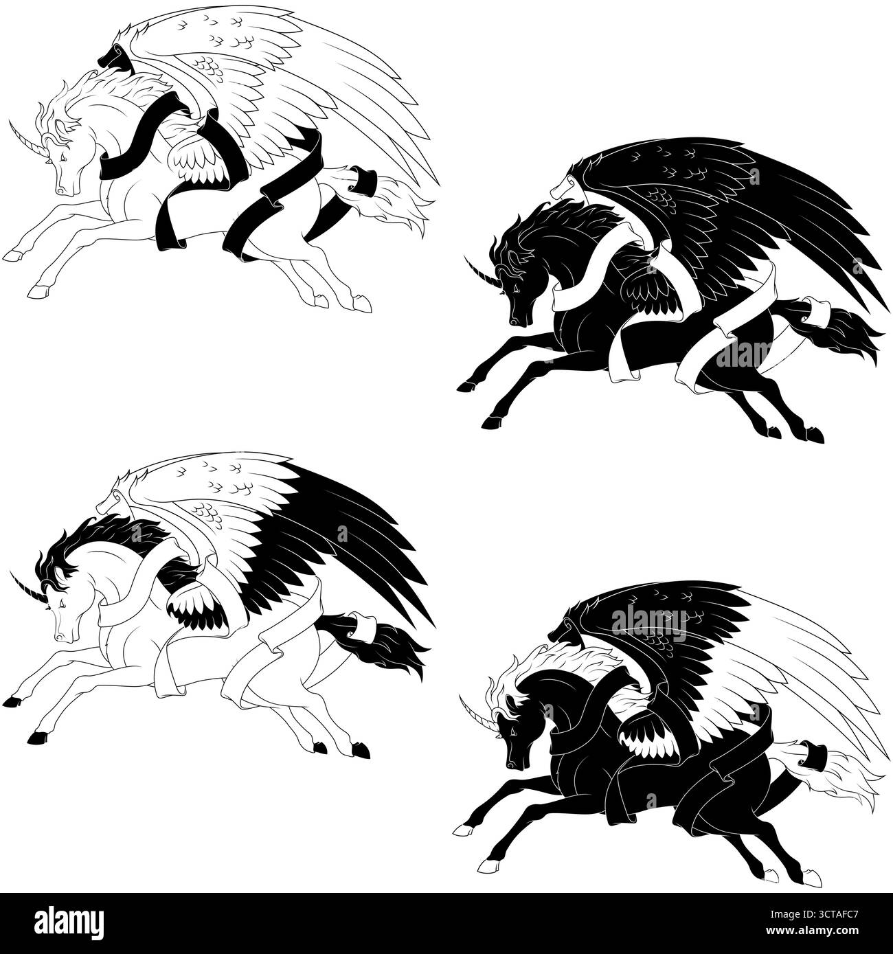 Pegasus mit Band, geflügeltes Pferd aus der griechischen Mythologie, geflügelte Fantasy-Kreatur, Einhorn mit Flügeln Stock Vektor