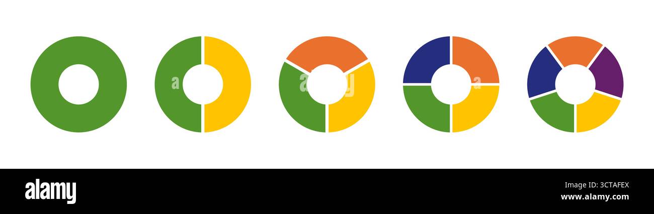 Kreisschnittdiagramm. Die Räder sind in Abschnitte unterteilt. Mehrfarbige Diagramme Infografik.Donut mehrfarbige Diagramme, segmentierte Torten von 1 bis 7 gleich Stock Vektor