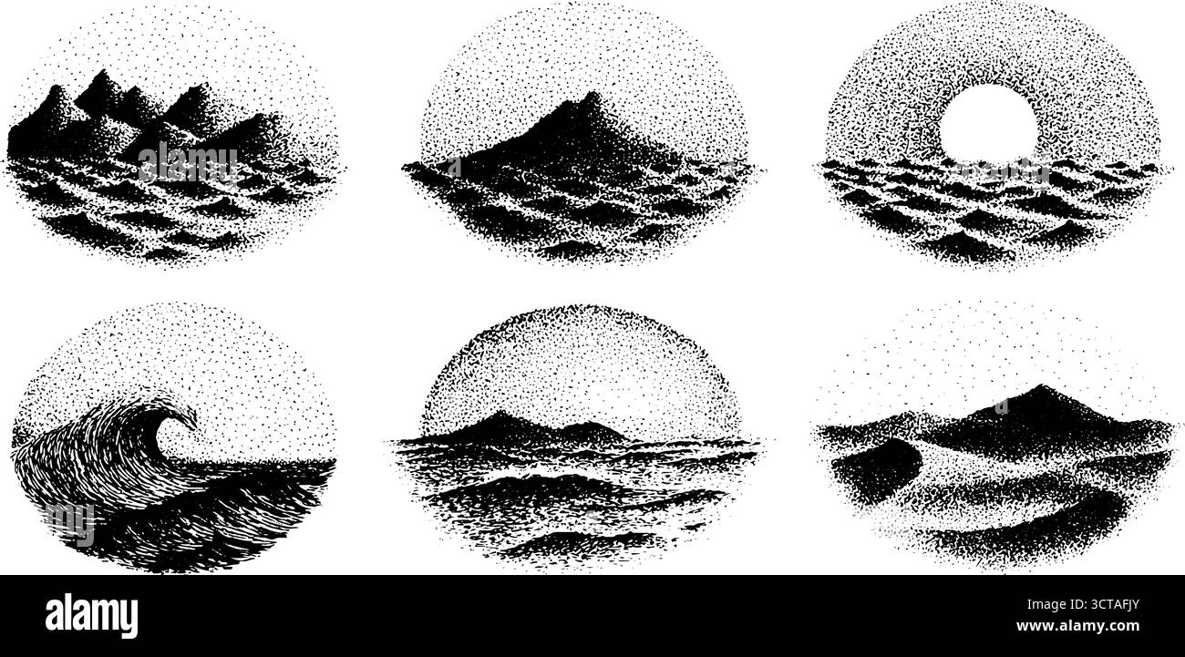 Vintage-Punktmuster mit Meer- und Bergszenen in Halbkreisen für künstlerisches Design. Stock Vektor