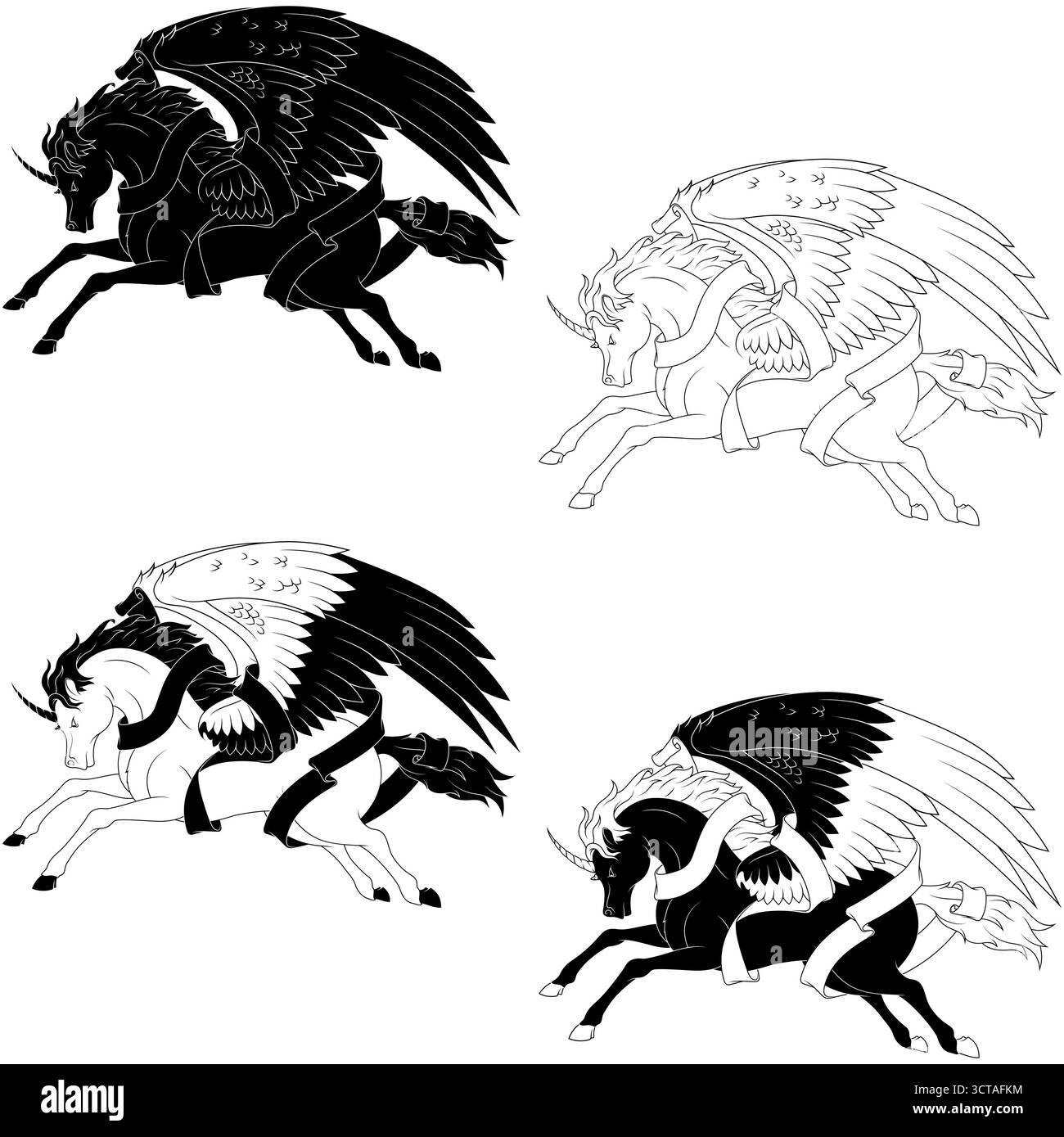 Pegasus mit Band, geflügeltes Pferd aus der griechischen Mythologie, geflügelte Fantasy-Kreatur, Einhorn mit Flügeln Stock Vektor