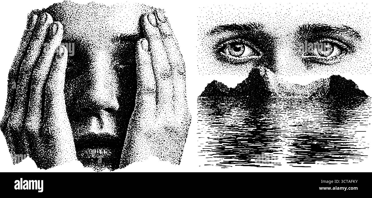 Künstlerische Dotwork-Stippeldarstellung von händehaltenden und reflektierenden Augen in der Landschaft. Stock Vektor