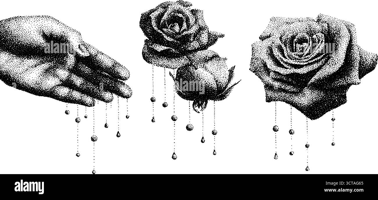 Kompliziertes Punktdesign mit Tropfeneffekt an Händen und Rosen. Stock Vektor