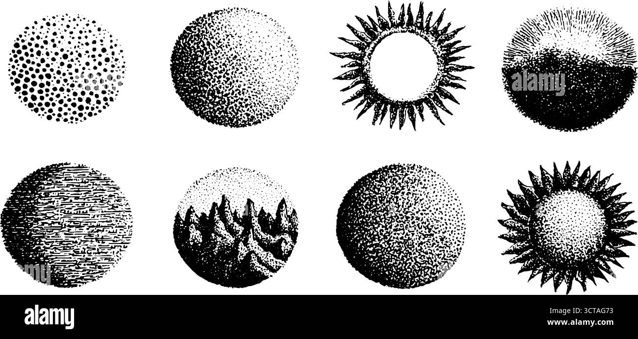 Komplizierte Dotwork-Illustrationen von ineinander greifenden Kreismustern für Konstruktionsprojekte. Stock Vektor