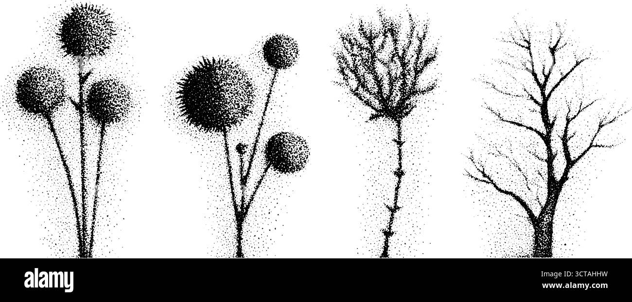 Komplizierte Dotwork-Stipple-Illustration von metallischen Pflanzen für Kunst und Design. Stock Vektor