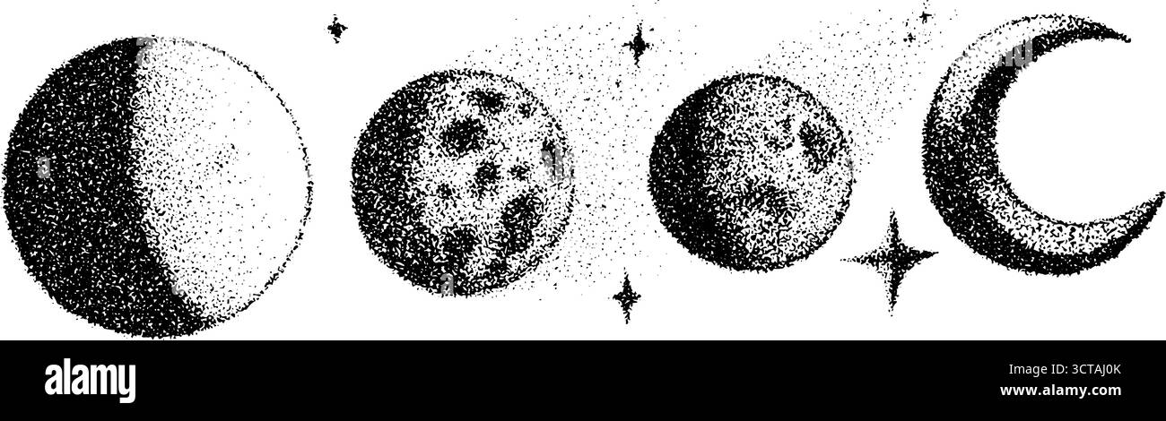 Himmlische Monde und Sterne mit Dotwork sind ein echter Hingucker für Designprojekte. Stock Vektor