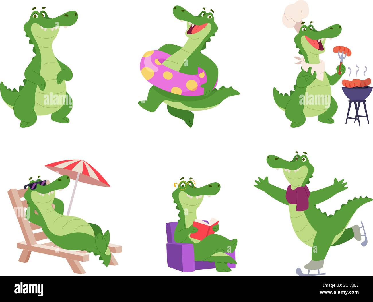 Niedliches Krokodil. Lustiger Maskottchen-Alligator in verschiedenen Berufen exakte Zeichentricktieraktivität Originalkunstwerk Stock Vektor