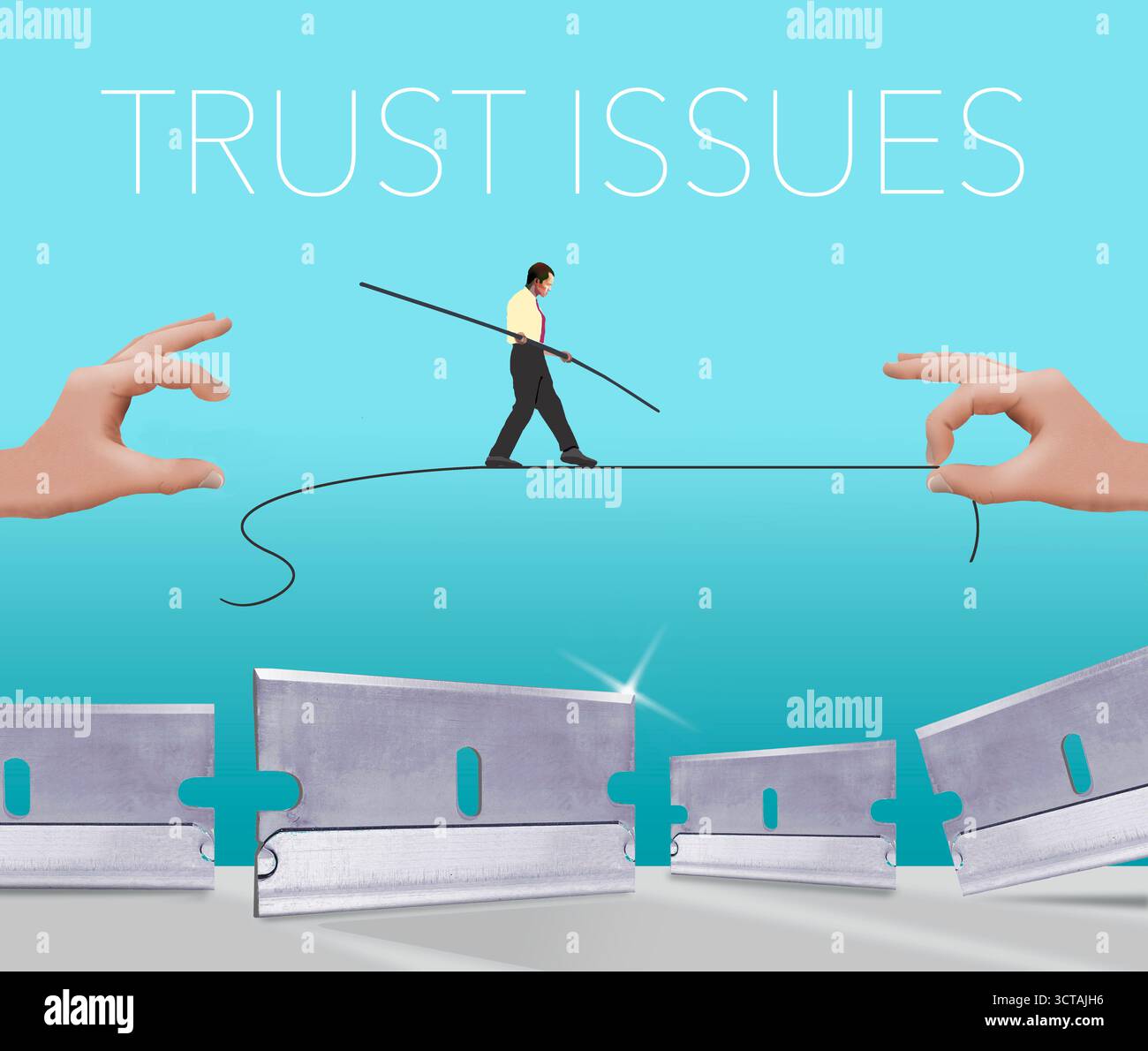 Es ist nicht schwer zu verstehen, warum dieser Kerl Vertrauensprobleme hat, nachdem eine Person, die sein Seil hält, losgelassen hat, um ihn fallen zu lassen. Dies ist eine 3D-Abbildung. Stockfoto