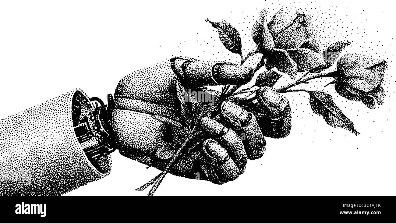 Komplizierte Dotwork-Stipple-Illustration von Roboterhand, die Rosen für futuristisches Design hält. Stock Vektor
