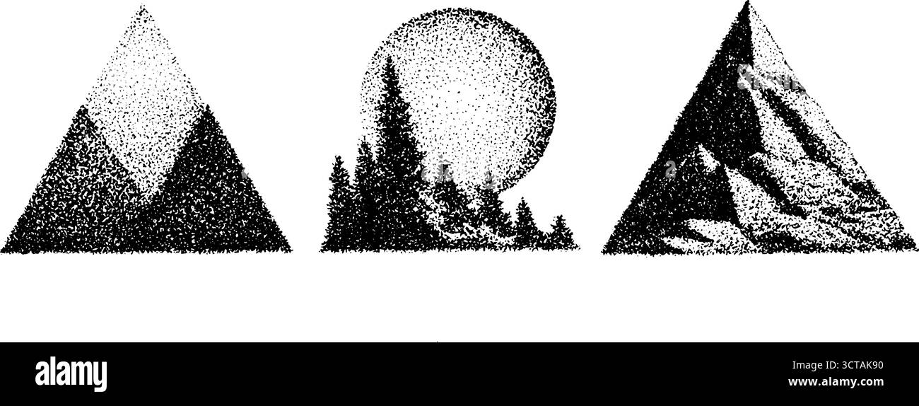 Dotwork Stipple Illustrationsset mit drehbarem Kreis und Bergszenen für künstlerisches Design. Stock Vektor