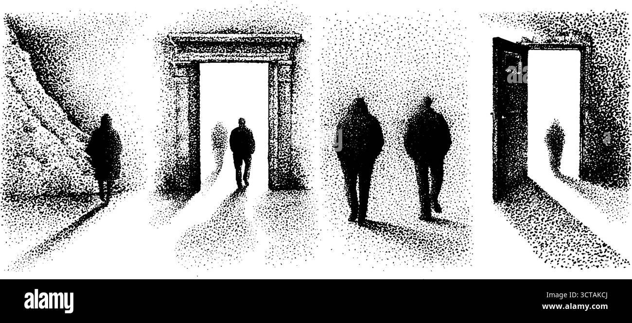 Abstrakte Dotwork-Schatten, die durch Türöffnungen gehen, Illustrationsset. Stock Vektor