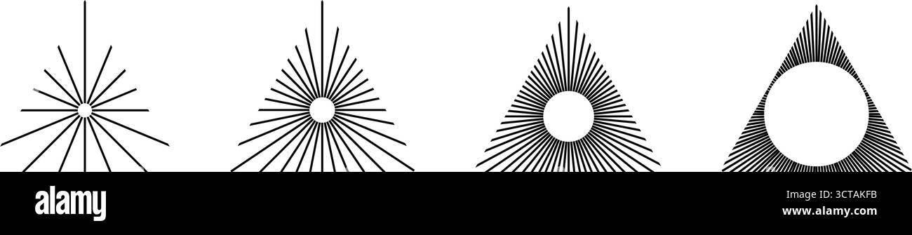 Gerade radiale Linien in Dreiecksform. Satz dreieckiger Sonnenstrahlen. Sonnenschilder. Symbole für Strahlkraft, Sonnenaufgang, Explosion oder Feuerwerk auf weißem Hintergrund. Vektorgrafik. Stock Vektor