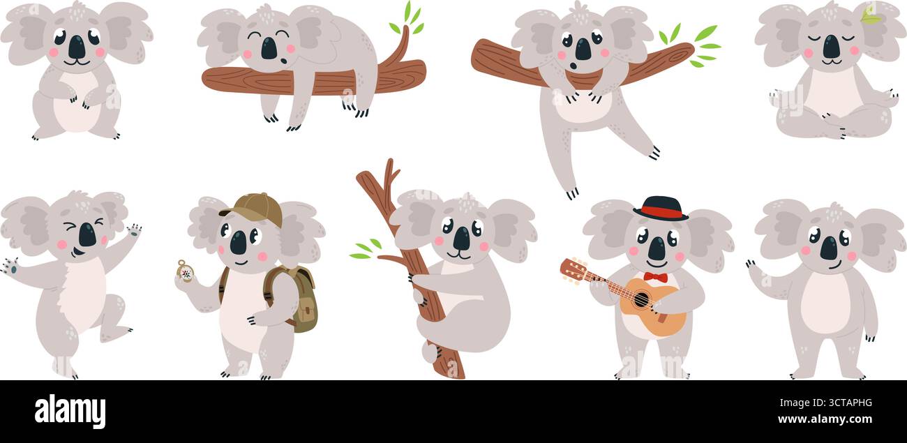 Lustiger Koala. Süßes australisches Tier in verschiedenen Posen. Koala auf dem Baum, Traveler Charakter, Musiker. Entzückendes kindliches Maskottchen, klassischer Comic-Vektor Stock Vektor