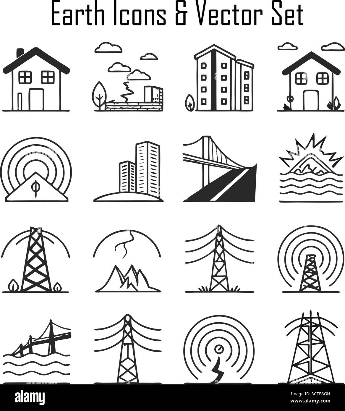 Erdsymbole Set – Planeten-, globale Umwelt- und Weltkartensymbole in flachem Minimaldesign Stock Vektor