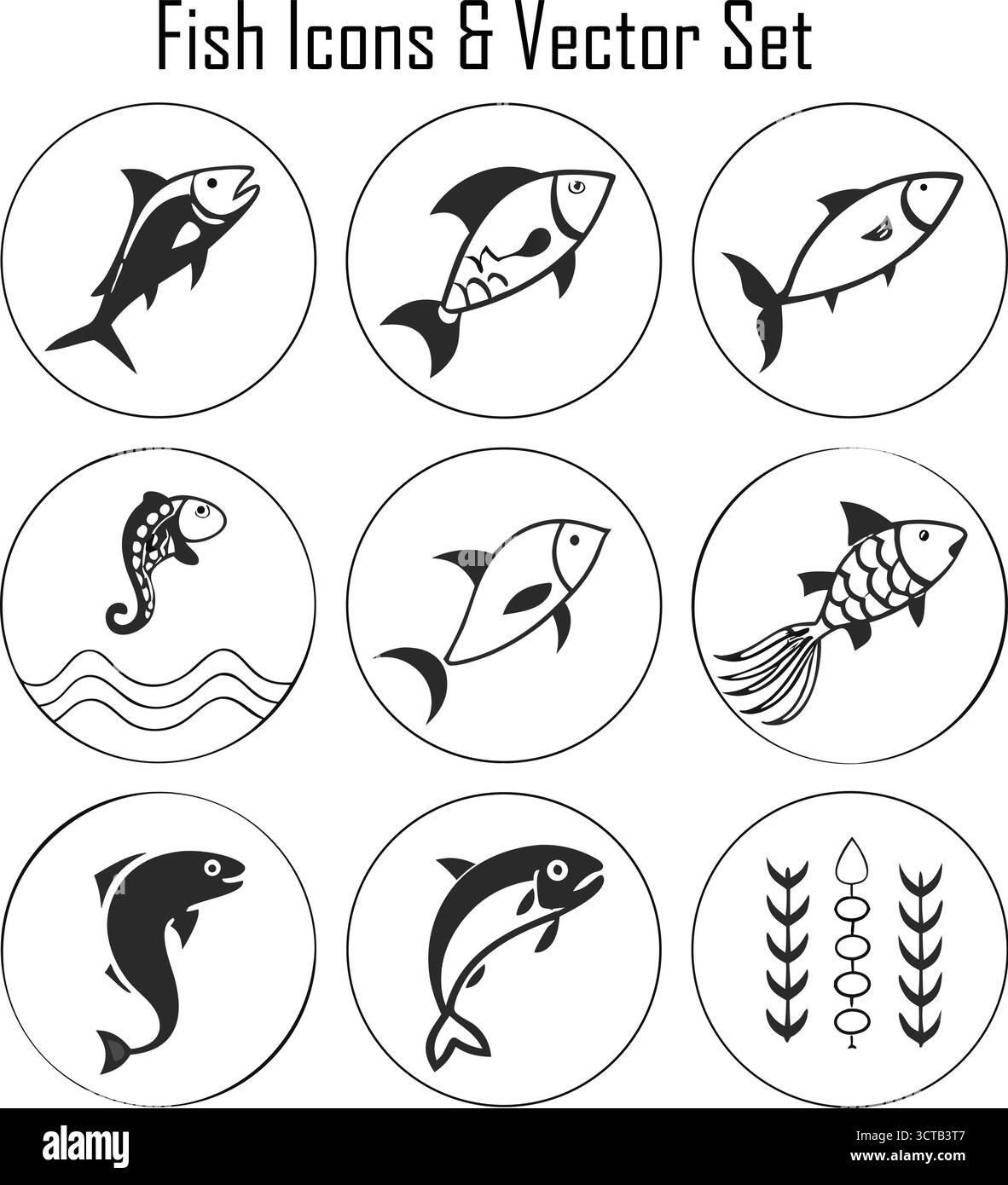 Fischsymbole – Wassertiere, Meerestiere und Ozeansymbole im flachen Minimaldesign Stock Vektor