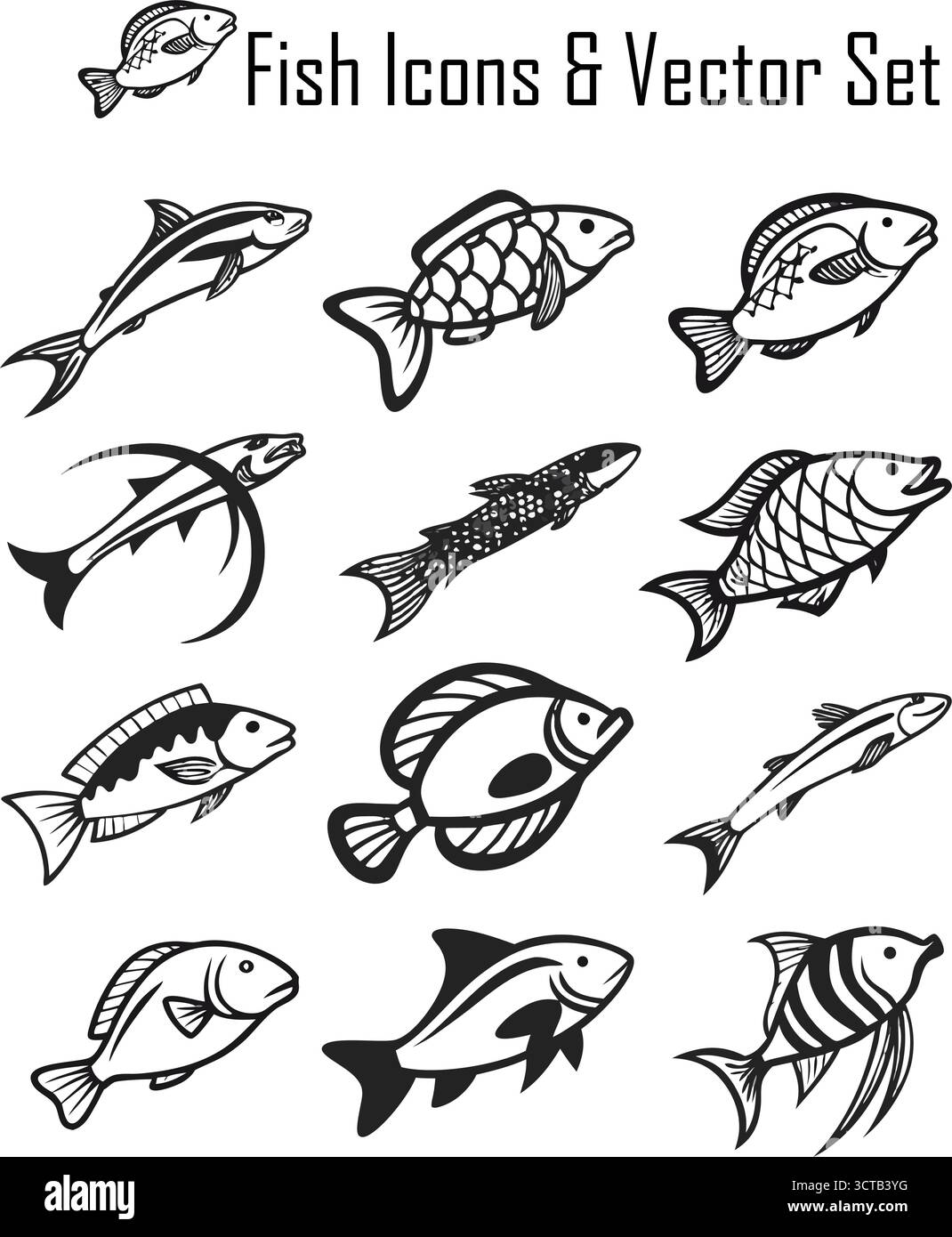Fischsymbole – Wassertiere, Meerestiere und Ozeansymbole im flachen Minimaldesign Stock Vektor