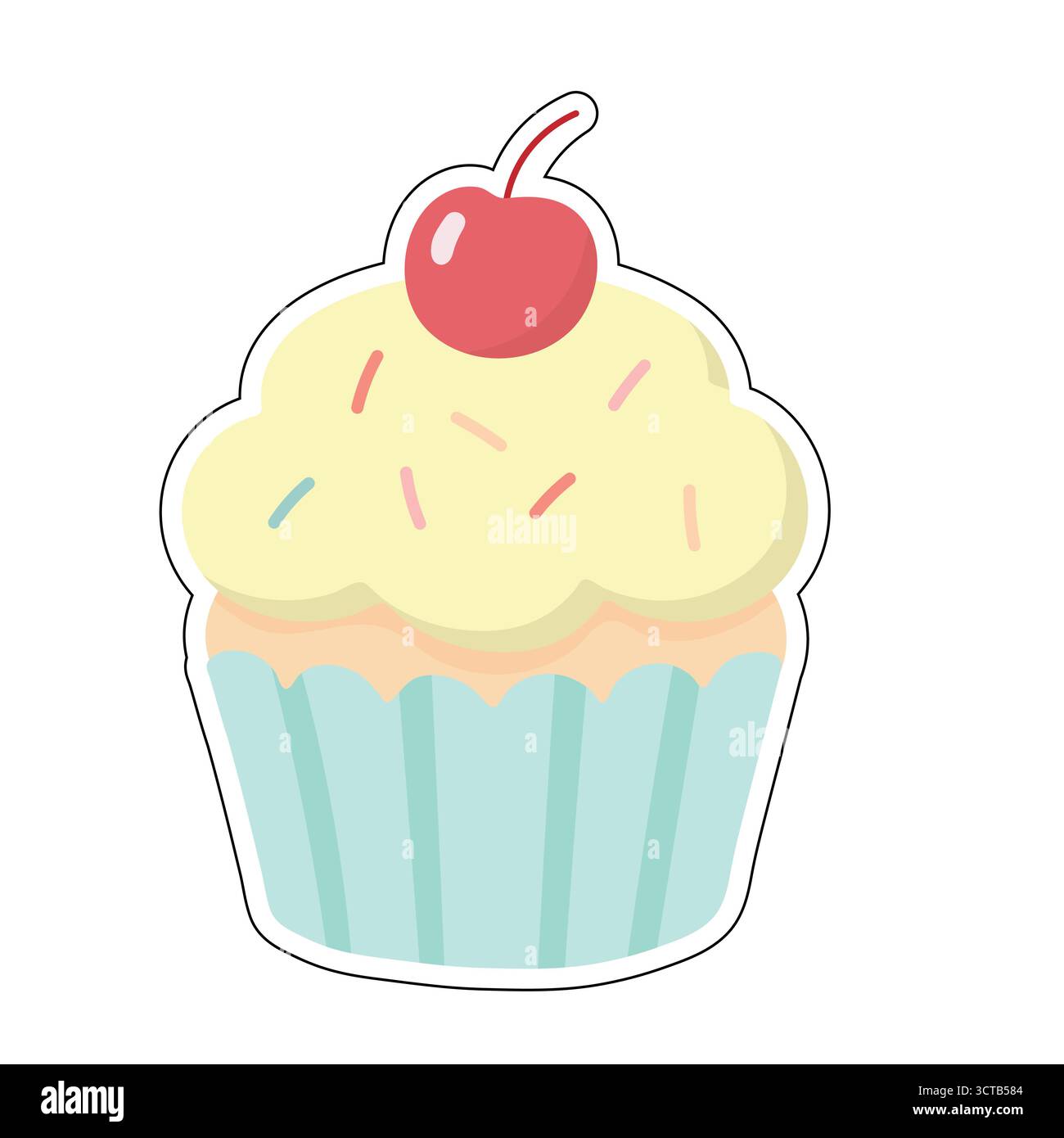 Süßer Cupcake mit blassgelber Zuckerguss, Streuseln und Kirsche. Perfekt für Kindermaterialien, Dessertmenüs, Aufkleberpackungen oder Feiertagsgrafiken Stock Vektor