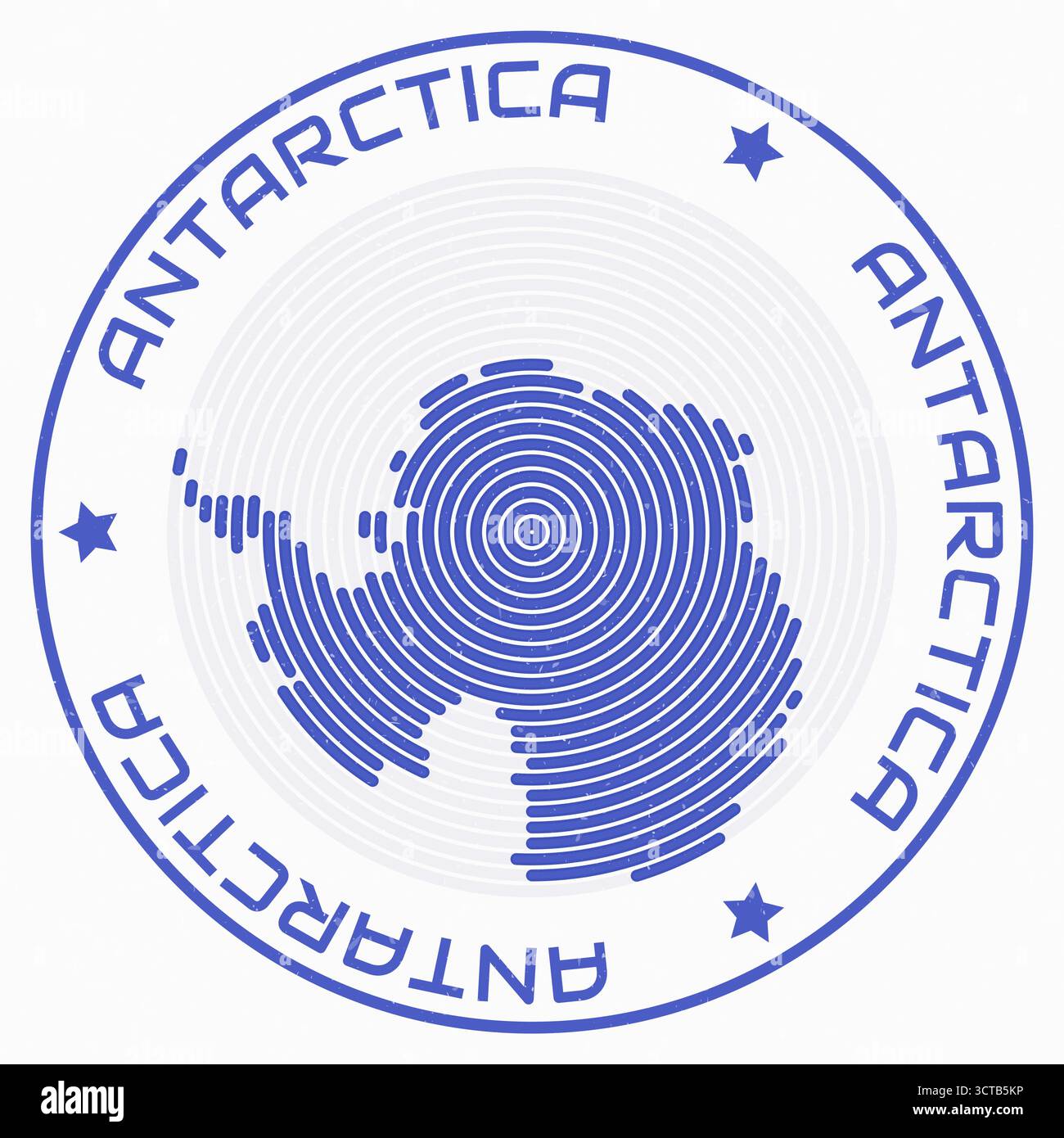 Antarktis-Karte mit rundem Titel. Kontinentalringe. Antarktis-Text wird um die Kontinentalgrenze herum angezeigt. Stock Vektor