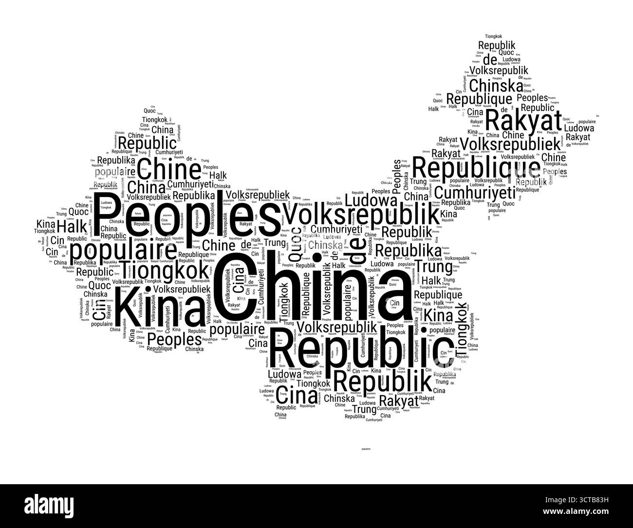 Schwarz-weiß-Wortwolke in Form von China. Einfache typografische Darstellung des Landes. Schwarze Textwolke aus China auf weißem Hintergrund. Stock Vektor