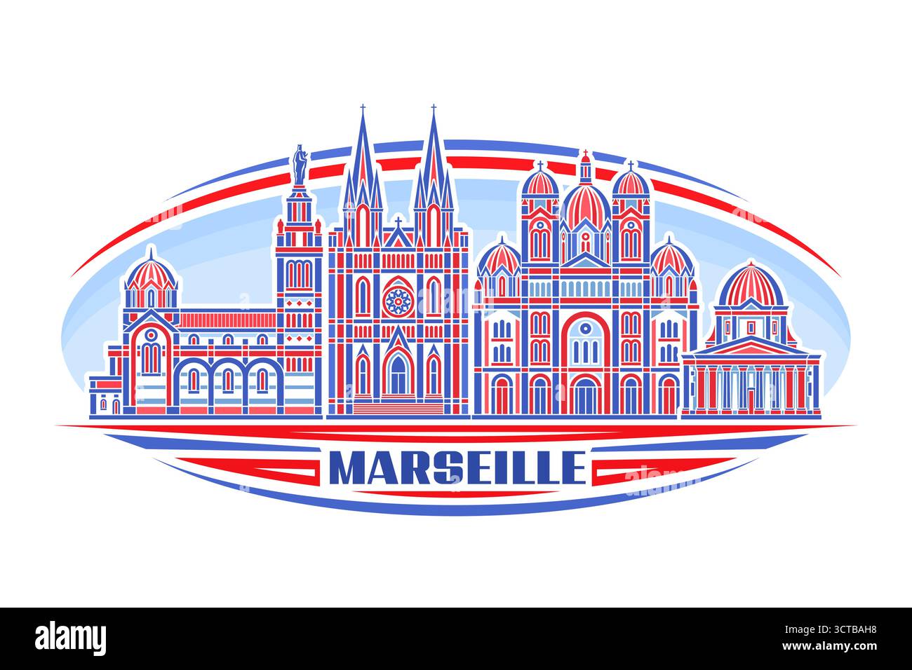 Vektor-Illustration von Marseille, horizontales dekoratives Zeichen mit linearem Design berühmte marseille Stadtlandschaft auf Tageshimmel Hintergrund, städtische Linie Kunst conc Stock Vektor