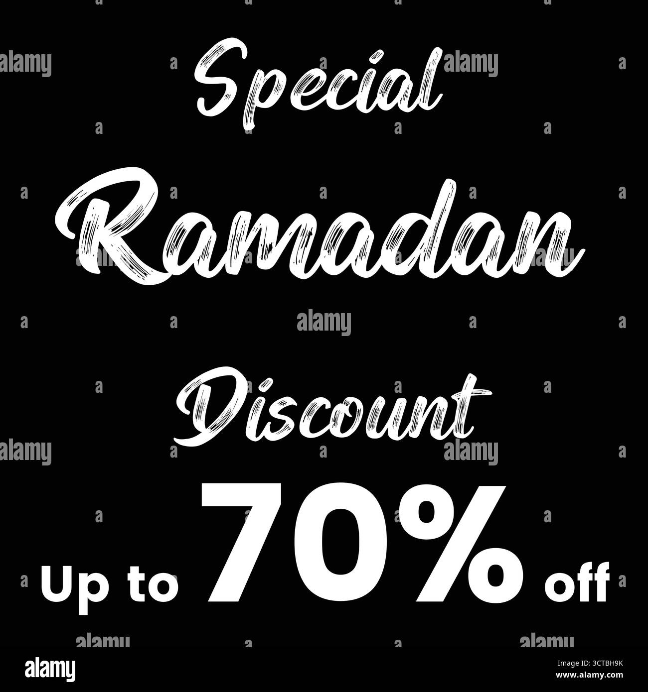 Ramadan-Sonderrabatt von bis zu 70 %, großes festliches Werbebanner mit schwarzem Hintergrund, perfekt für Social-Media-Aktionen und Online-Marketing. Stock Vektor