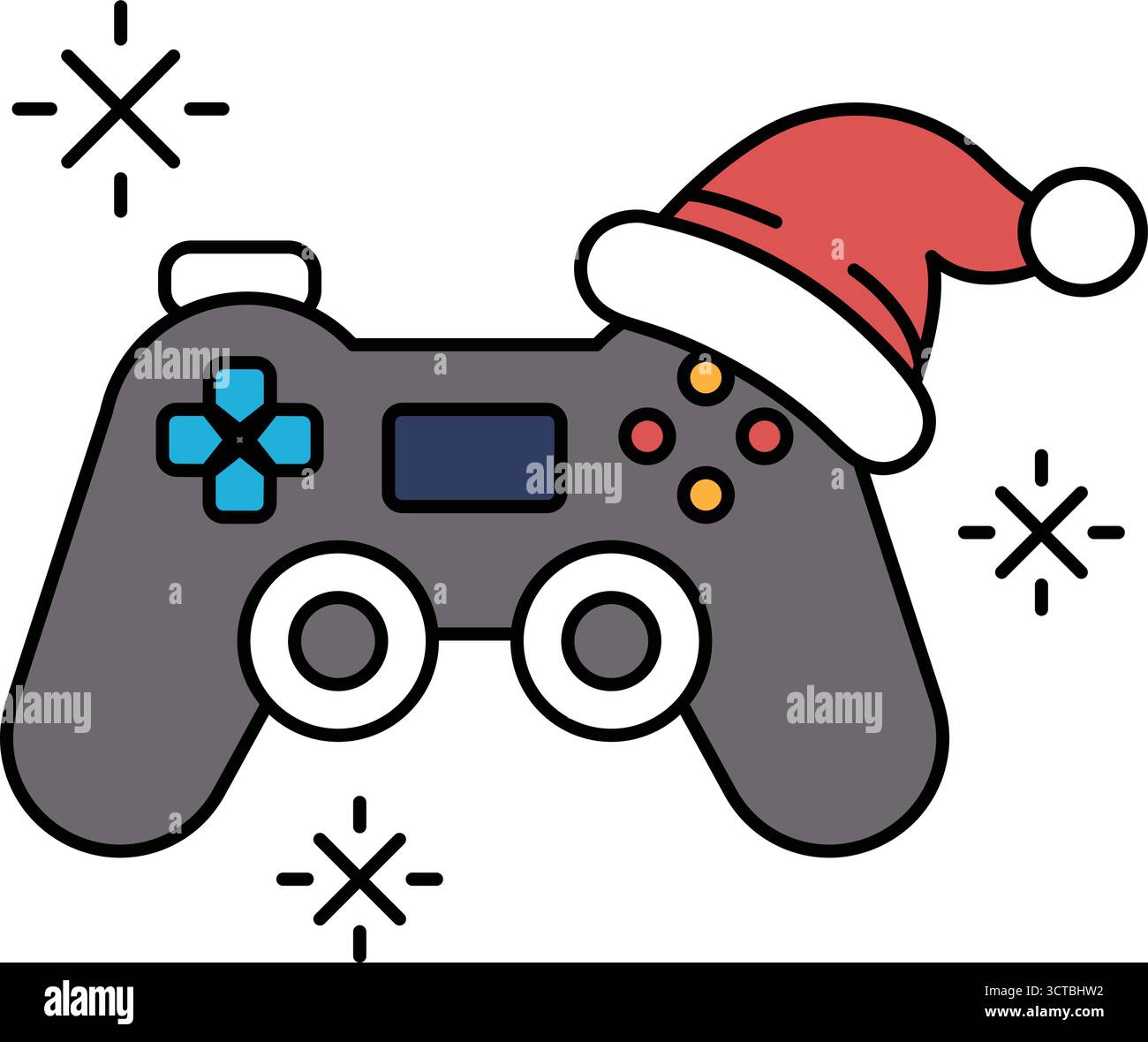 Ein Schwarzweißbild eines Videospielcontrollers mit einem Weihnachtsmütze darauf. Der Controller ist ein Nintendo Wii Controller Stock Vektor