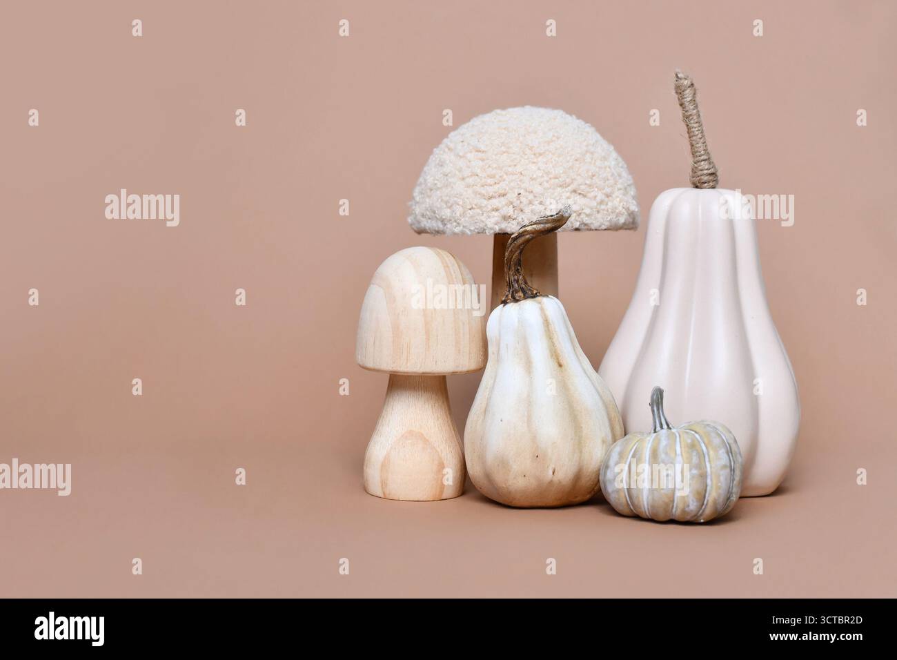Dekorative Pilz- und Kürbisornamente auf braunem Hintergrund mit Kopierraum. Komposition der Saison im Herbst Stockfoto