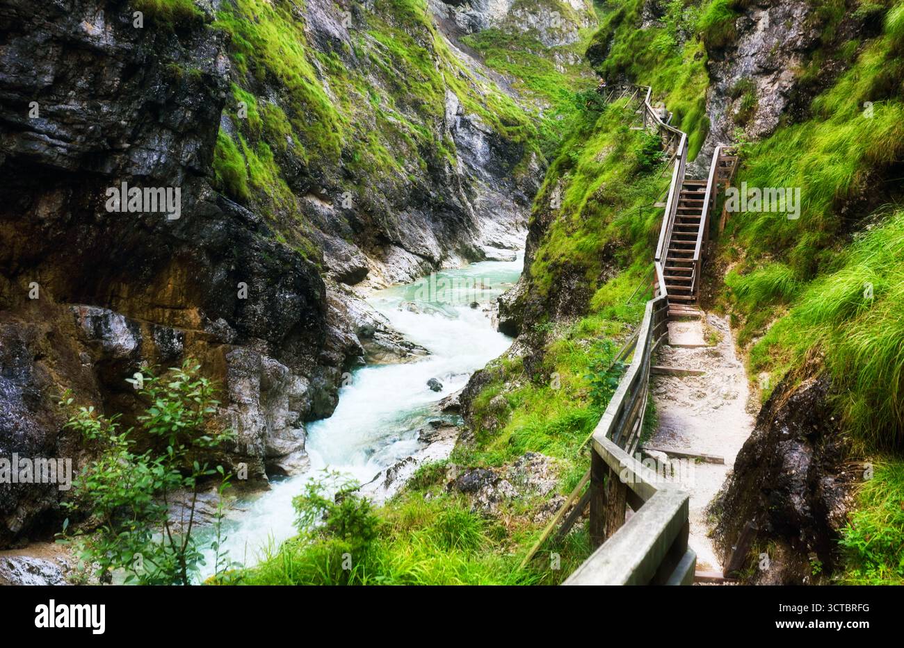 Lammerklamm im Salzkammergut in Oberösterreich. Blauer Alpenfluss zwischen schmalen Felsklippen mit grüner Vegetation und Bäumen bedeckt. Sch Stockfoto