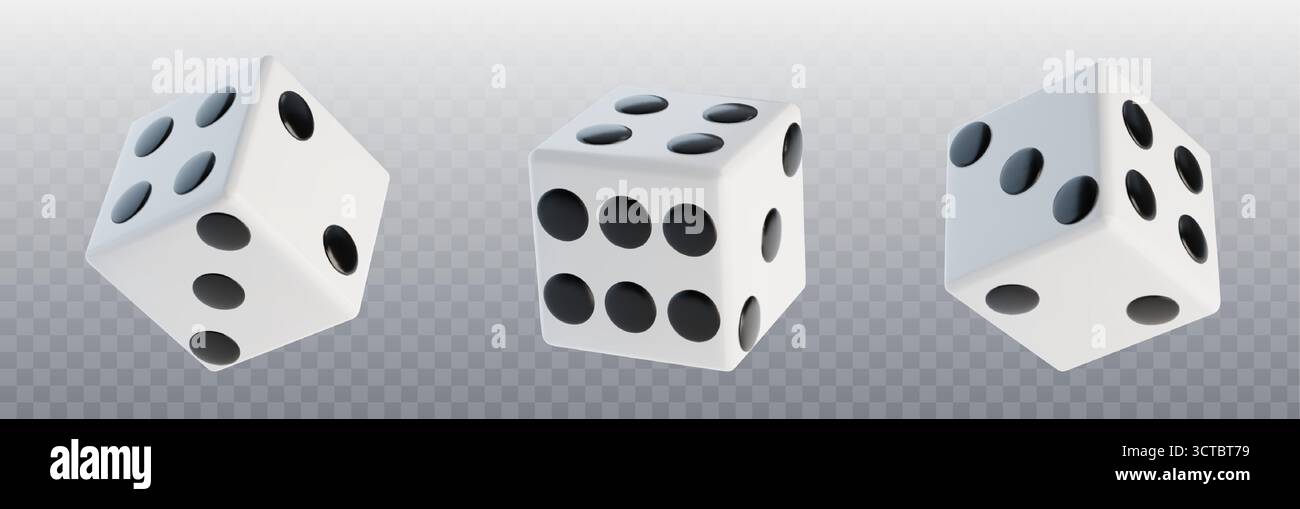 Weiße Würfel mit schwarzen Punkten für 3D-Spielmechanik und Casino-Unterhaltung auf transparentem BG. Kubische Spielobjekte mit verschiedenen Zahlenkombinationen. Spielsteine und Wahrscheinlichkeitswerkzeuge. Stock Vektor