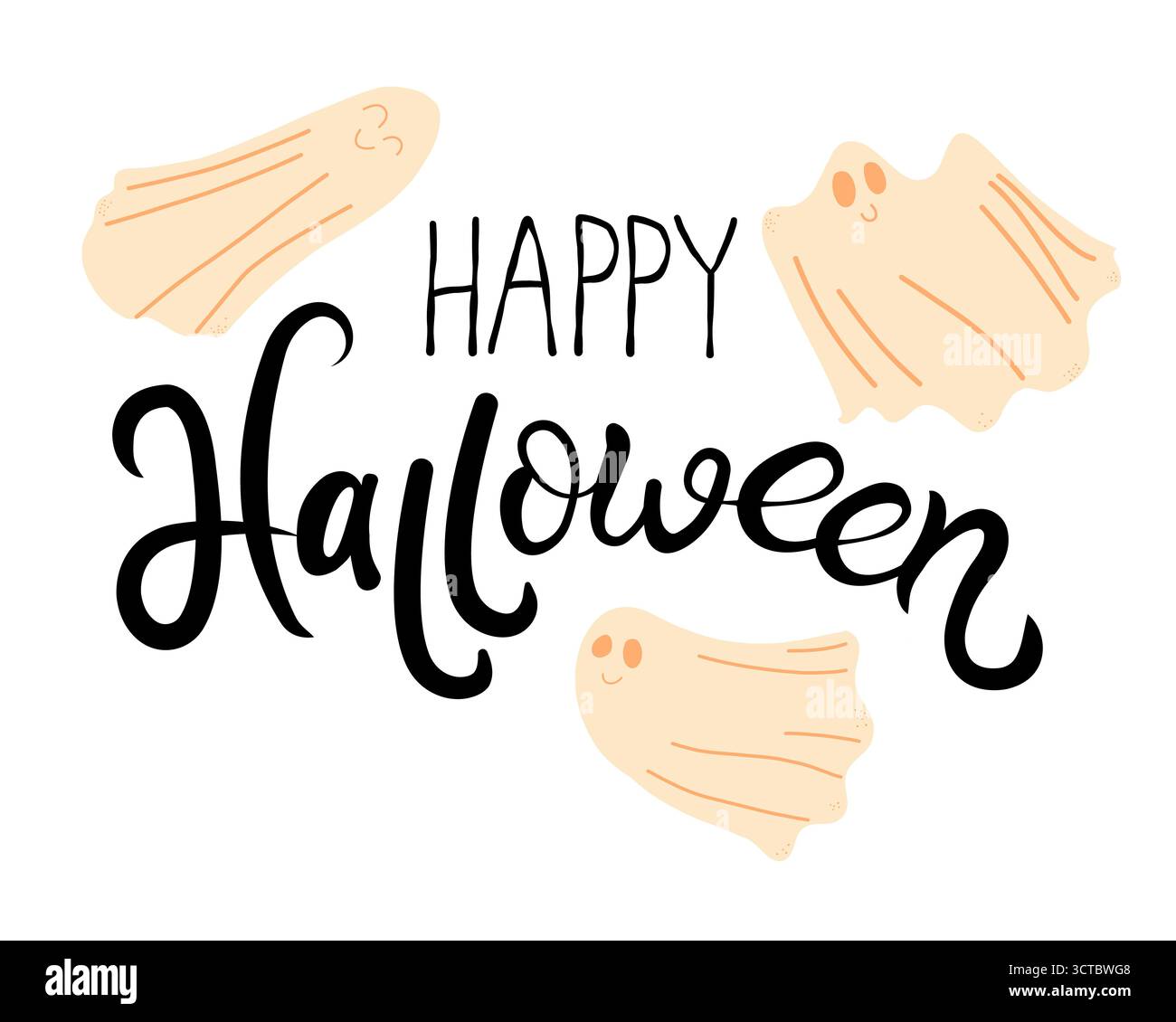 Happy Halloween Schriftzug Vektor Design und Geister Illustrationen. Staffel-Typografie-Poster, Halloween-Banner. Weihnachtsgrußkarte. Stock Vektor