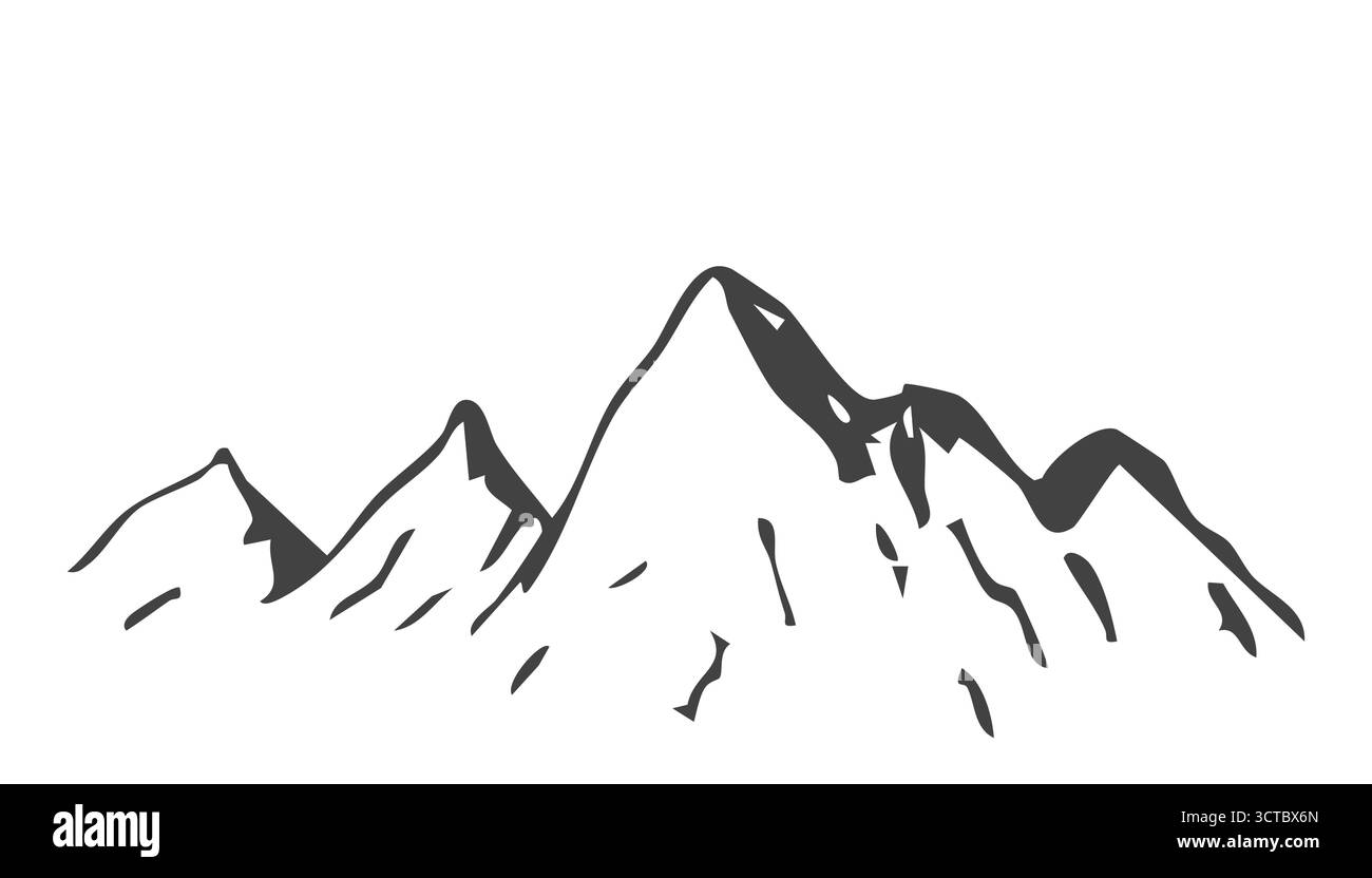 Berge Silhouetten für hohe Berge handgezeichnete Landschaft, Bleistiftlinie einfache Bergkette. Retro Vintage felsiger Hintergrund. Vektorabbildung Stock Vektor