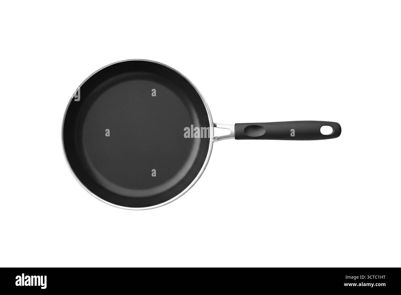 3D-Darstellung einer sauberen leeren Pfanne von oben betrachtet, isoliert auf weißem Hintergrund, symbolisiert die Zubereitung von Mahlzeiten, Kochgeschirr und Küchenutensilien. Stockfoto