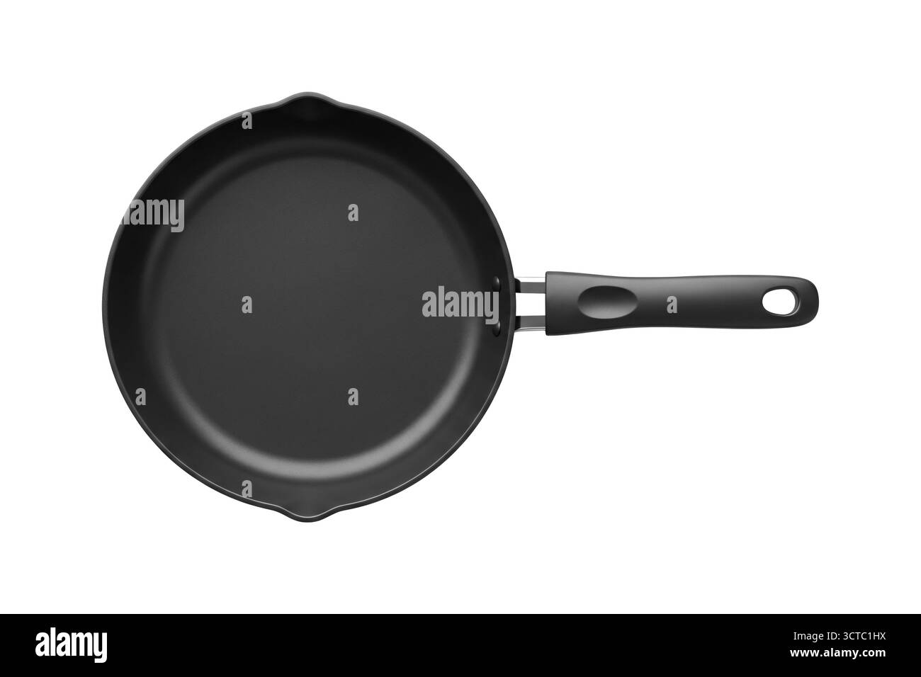 3D-Darstellung einer sauberen leeren Pfanne von oben betrachtet, isoliert auf weißem Hintergrund, symbolisiert die Zubereitung von Mahlzeiten, Kochgeschirr und Küchenutensilien. Stockfoto