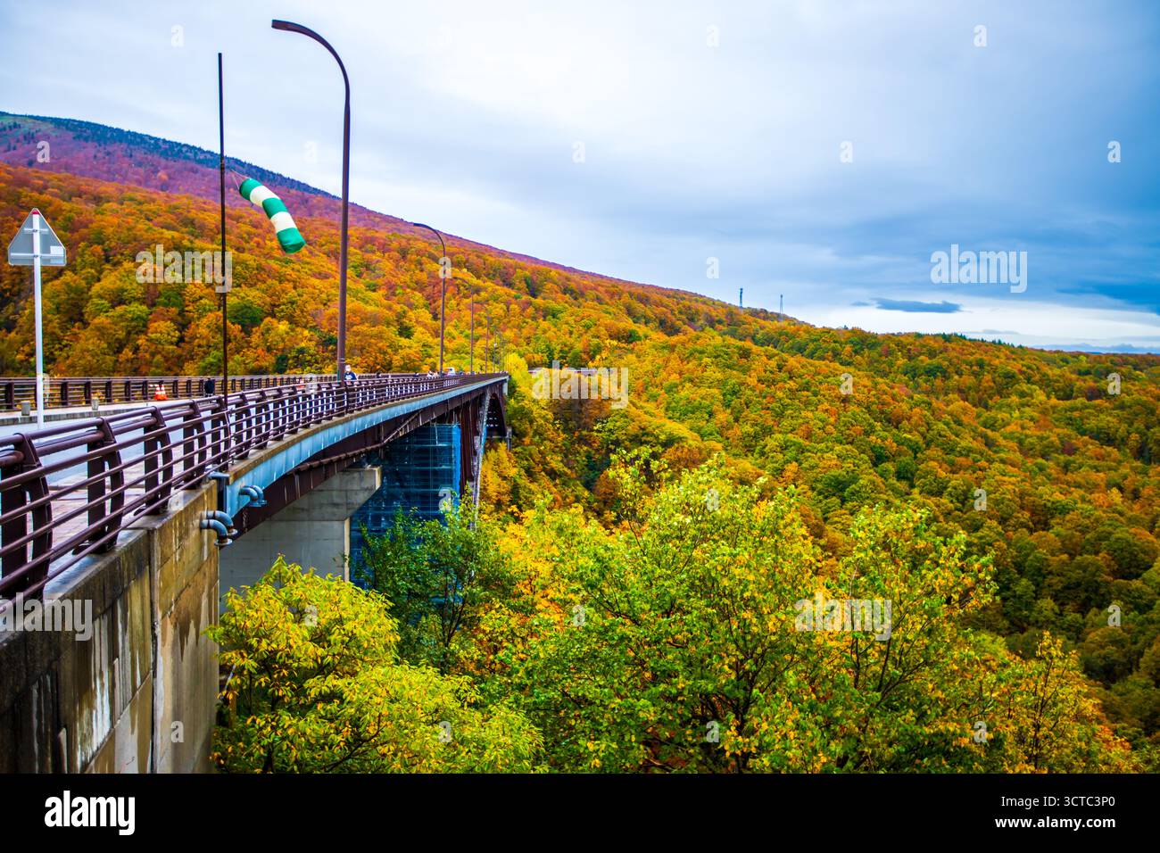 Herbstlaub an der Jogakura-Brücke in der Präfektur Aomori Stockfoto