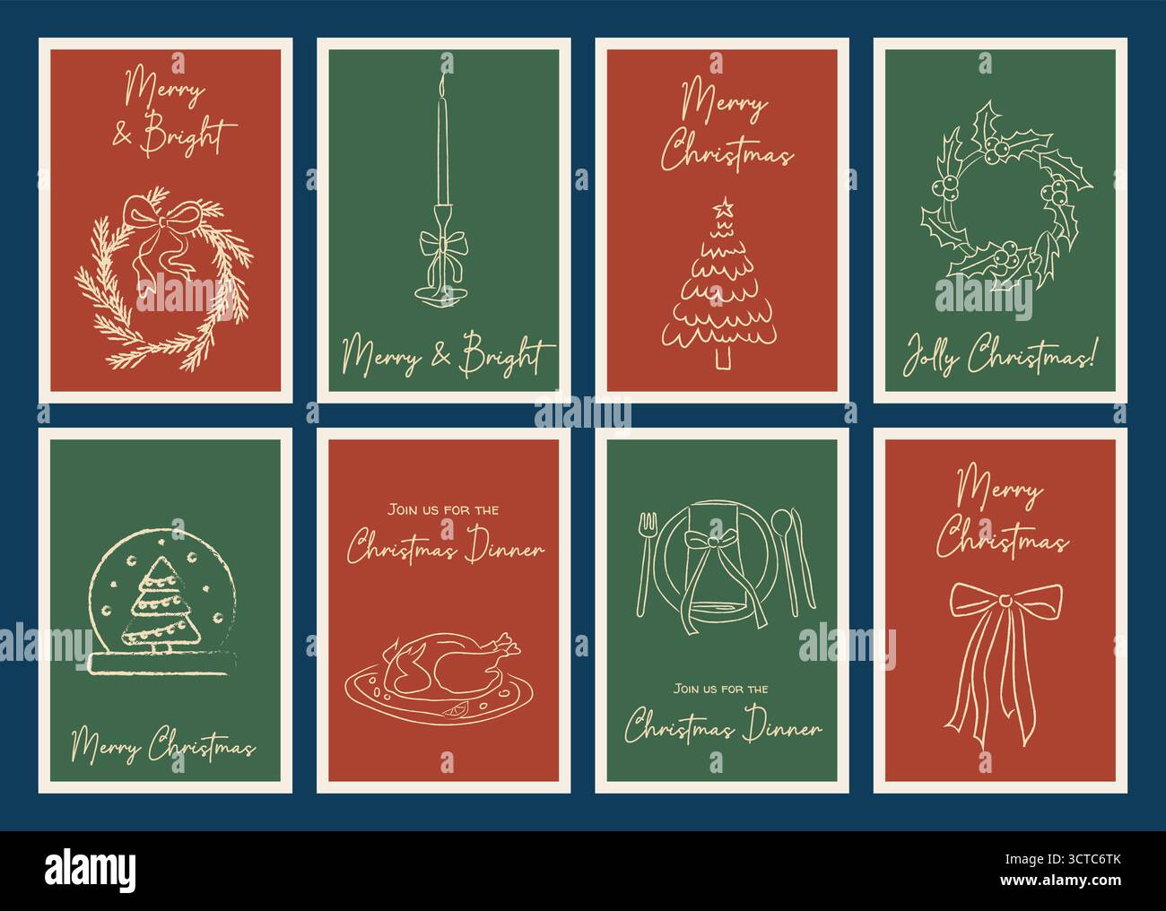 Skurrile handgezeichnete Weihnachtsgruß- und Dinner-Einladungskarten-Set. Minimales Doodle-Motiv für festliche Feiertage mit Retro-farbigen Hintergründen Stock Vektor