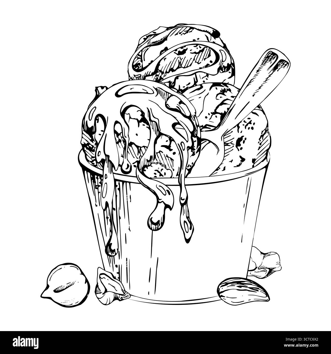 Sorbet-Eis serviert in recycelbarem Papierbecher, Plastiklöffel, Schokoladensirup-Streusel, Nussmischung. Grafische Illustration handgezeichnet in Vektortinte Stock Vektor